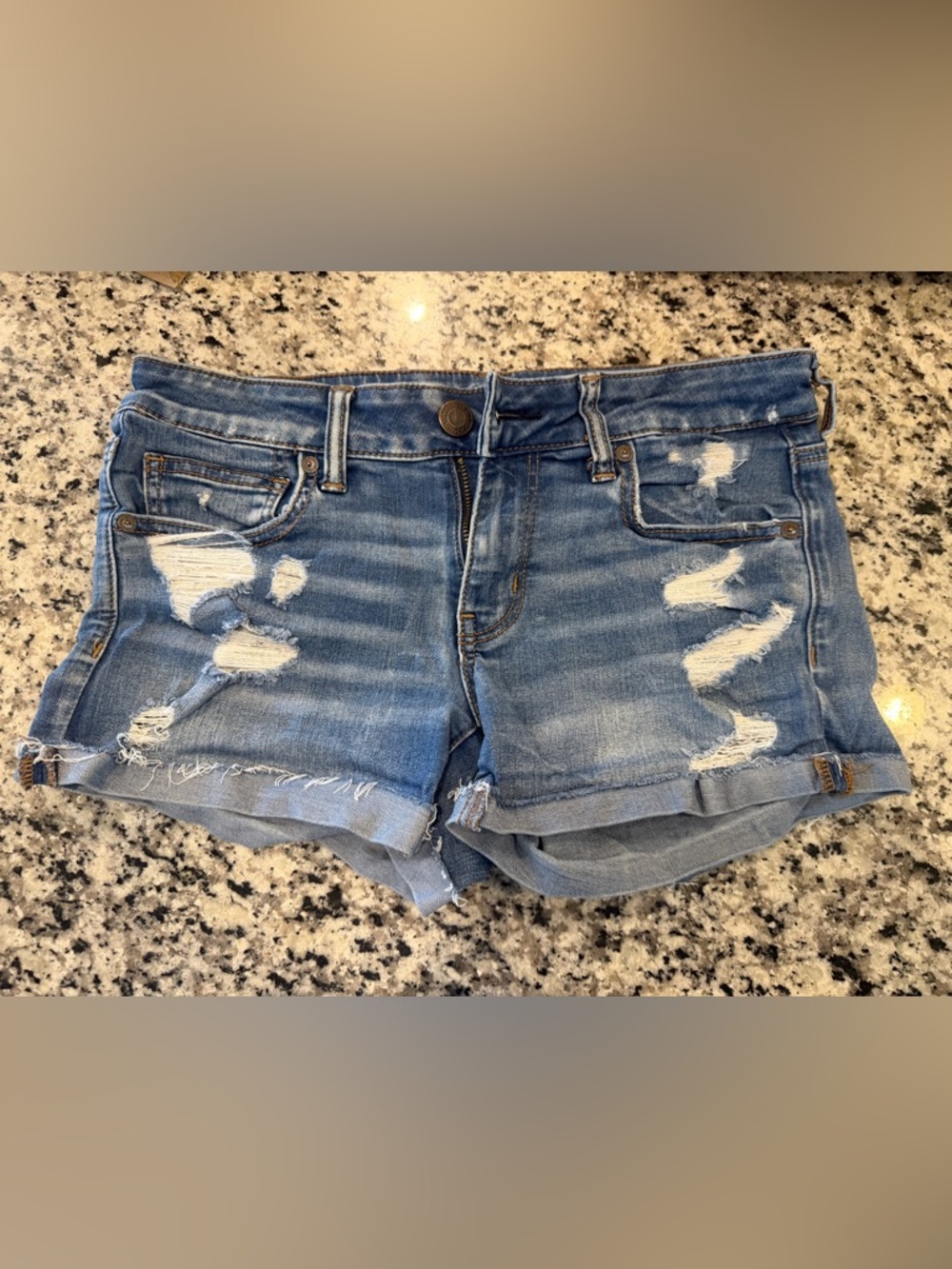 American Eagle Outfitters Distressed Blue Denim Roll-Cuff Shorts